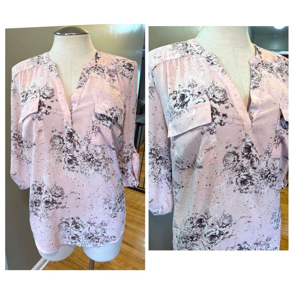 Torrid 2 (2X) Breast Cancer Awareness Roses & Ribbons Georgette Harper Blouse